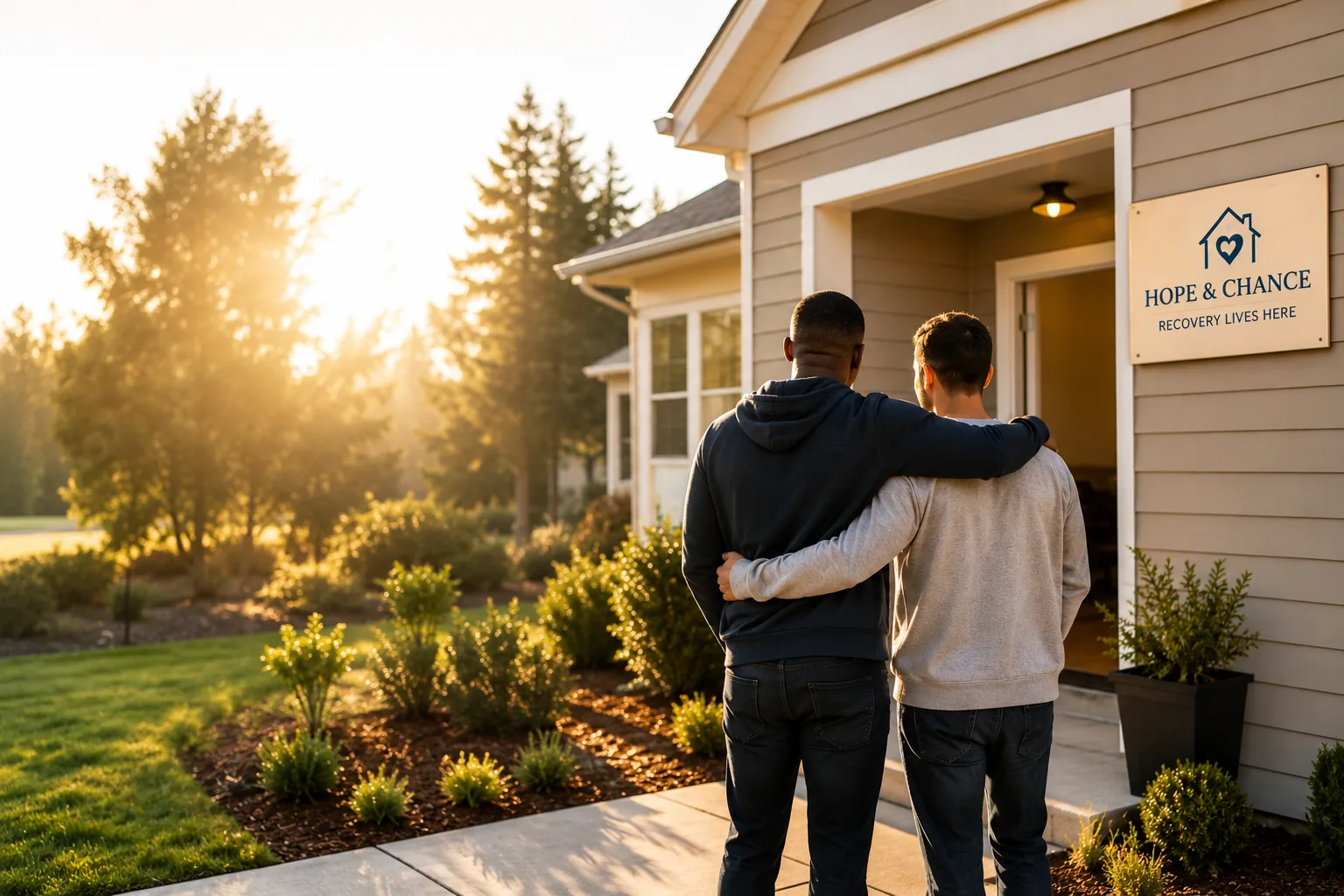 Two residents arriving at a Hope & Chance supportive recovery home at golden hour
